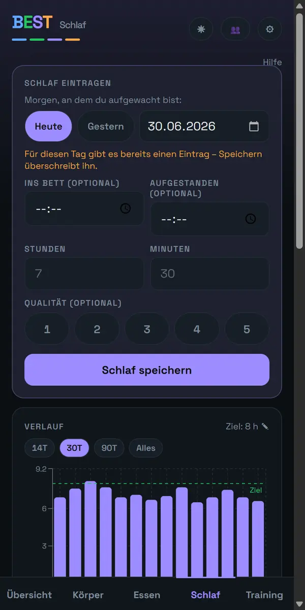 Schlaf-Ansicht mit Wochentrend